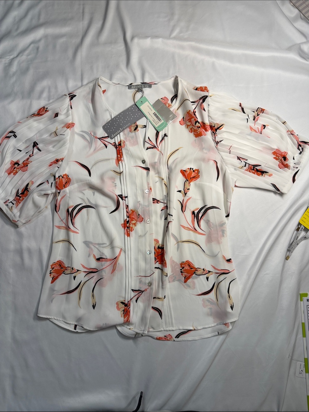 Daniel Rainn White Floral Button Front Blouse with Peach-Orange Flowers